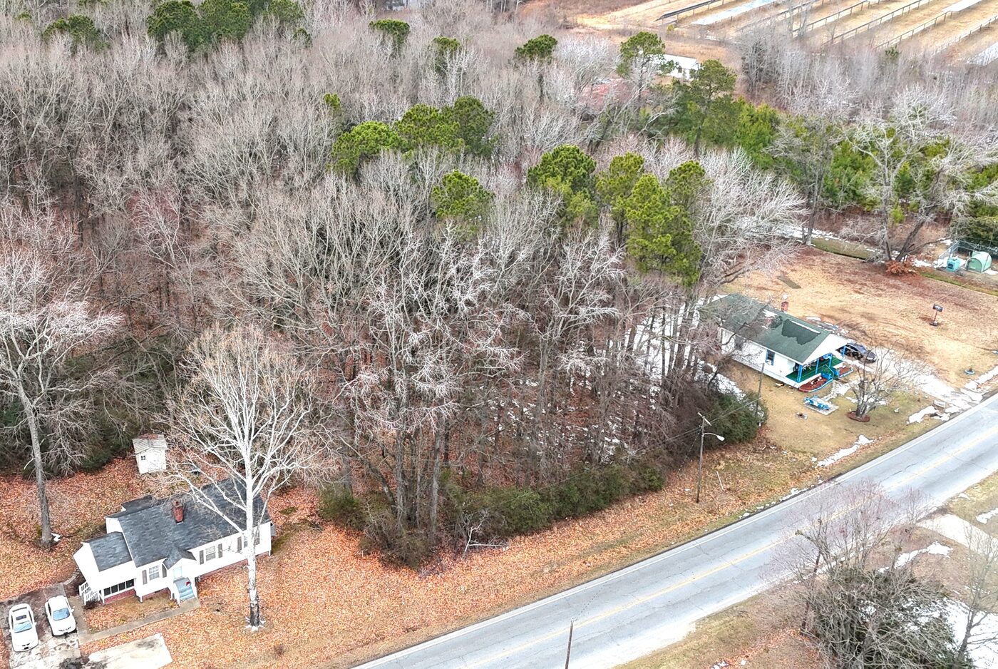 Oblique aerial showing the tree cover on the lot and the neighbouring rooftops.