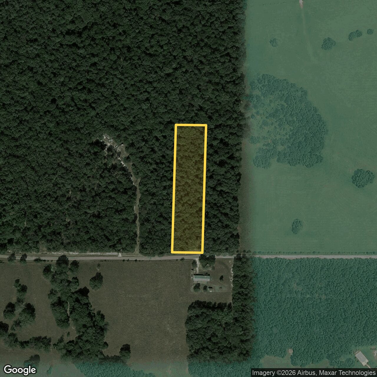 Satellite view with the parcel boundary outlined in yellow, a narrow strip running north from County Road 2180.