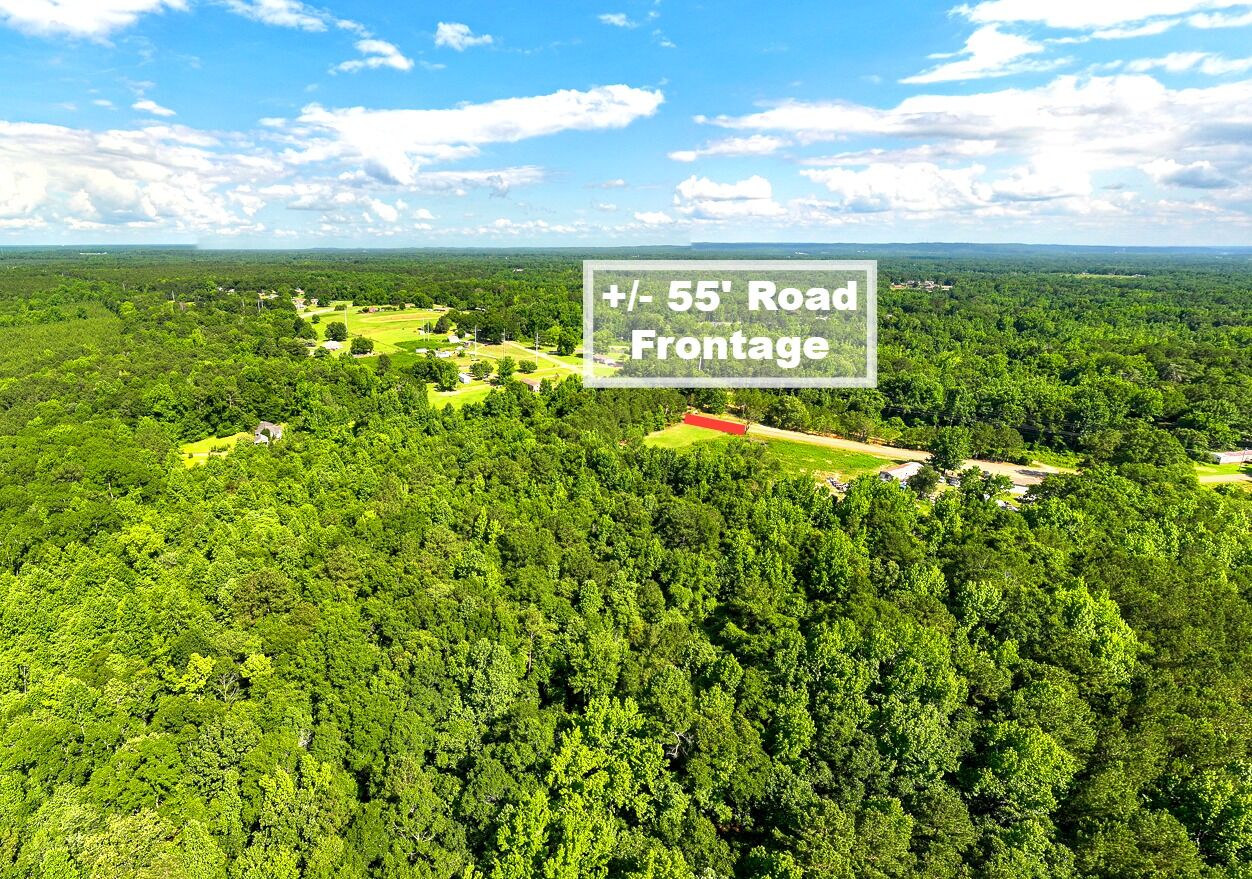 Drone photo over woods with a label marking about 55 feet of road frontage.
