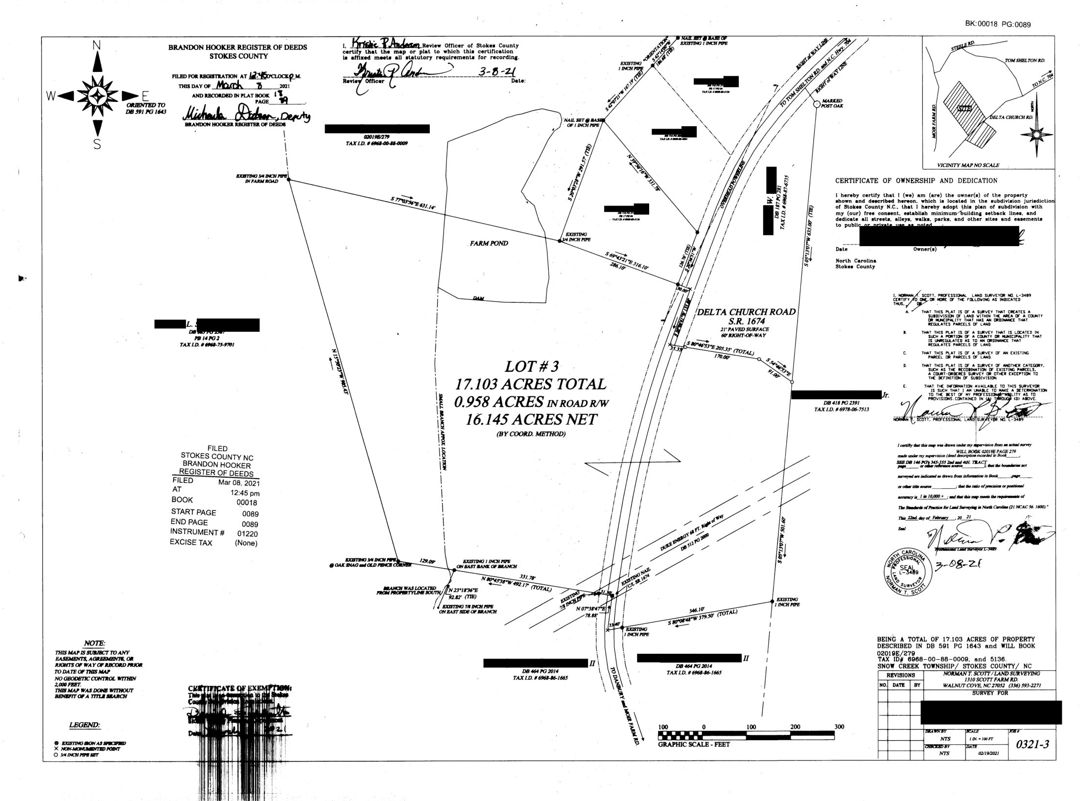 The recorded plat of Lot 3 showing 17.103 acres, the farm pond, Delta Church Road and the Duke Energy right of way.